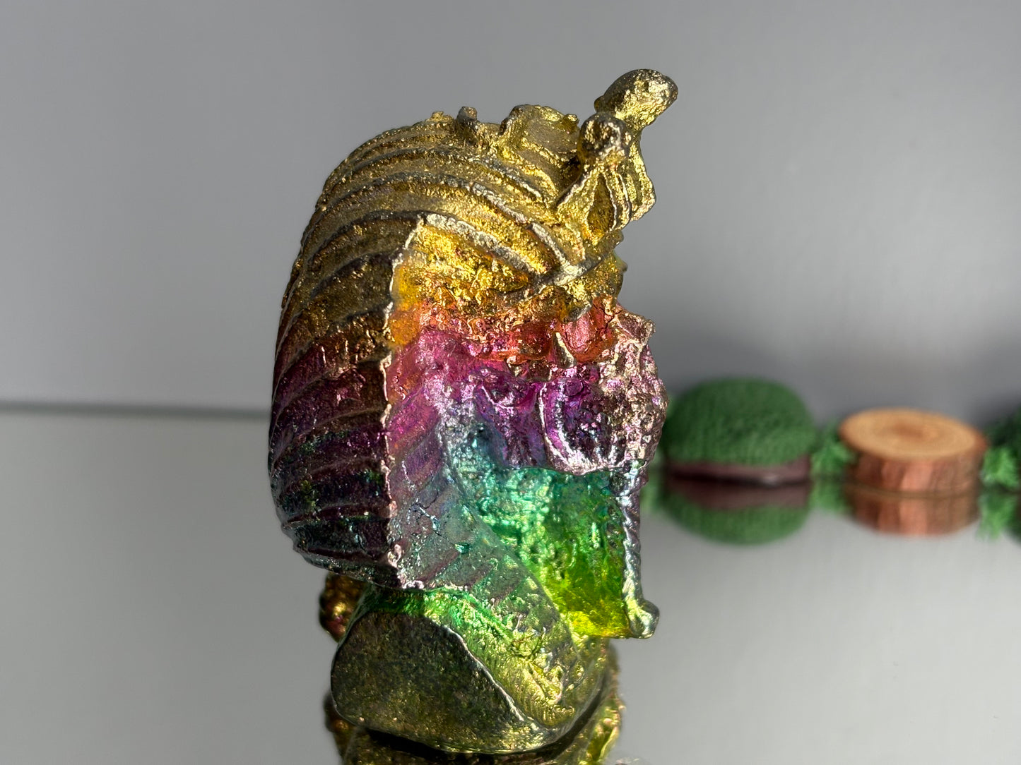 Rainbow Bismuth Crystal King Tutankhamen Skull Metal Art Sculpture