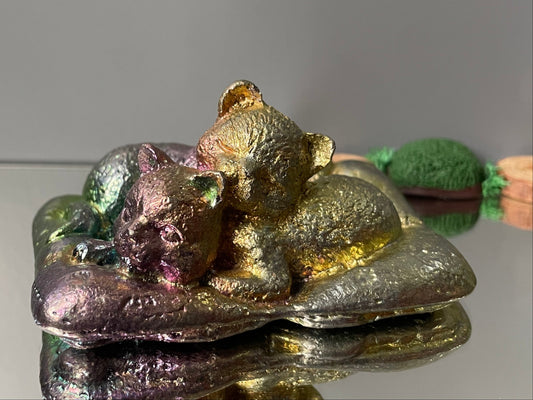 Rainbow Bismuth Crystal Sleeping Cats Metal Art Sculpture