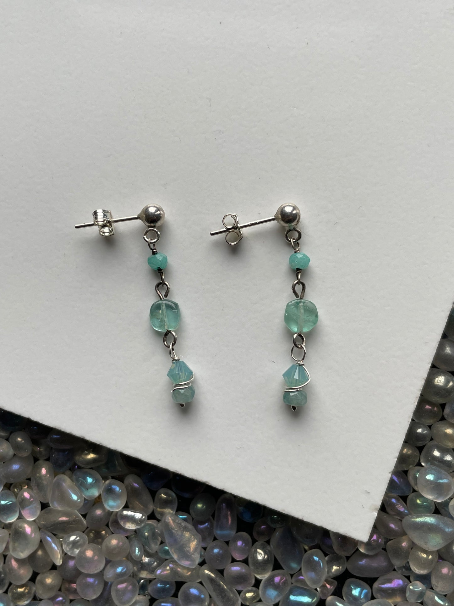 Sea Blue Apatite Aqua Chalcedony Crystal Gemstone Swarovski 925 Silver Drop Earrings