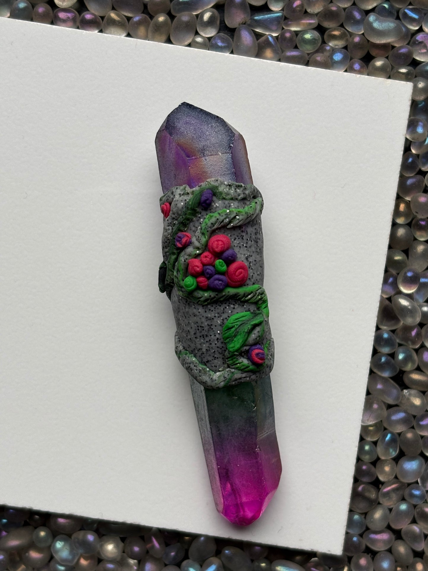 Purple Pink Green Aura Quartz Crystal Gemstone Granite Rose Flower Clay Wand - English Rose