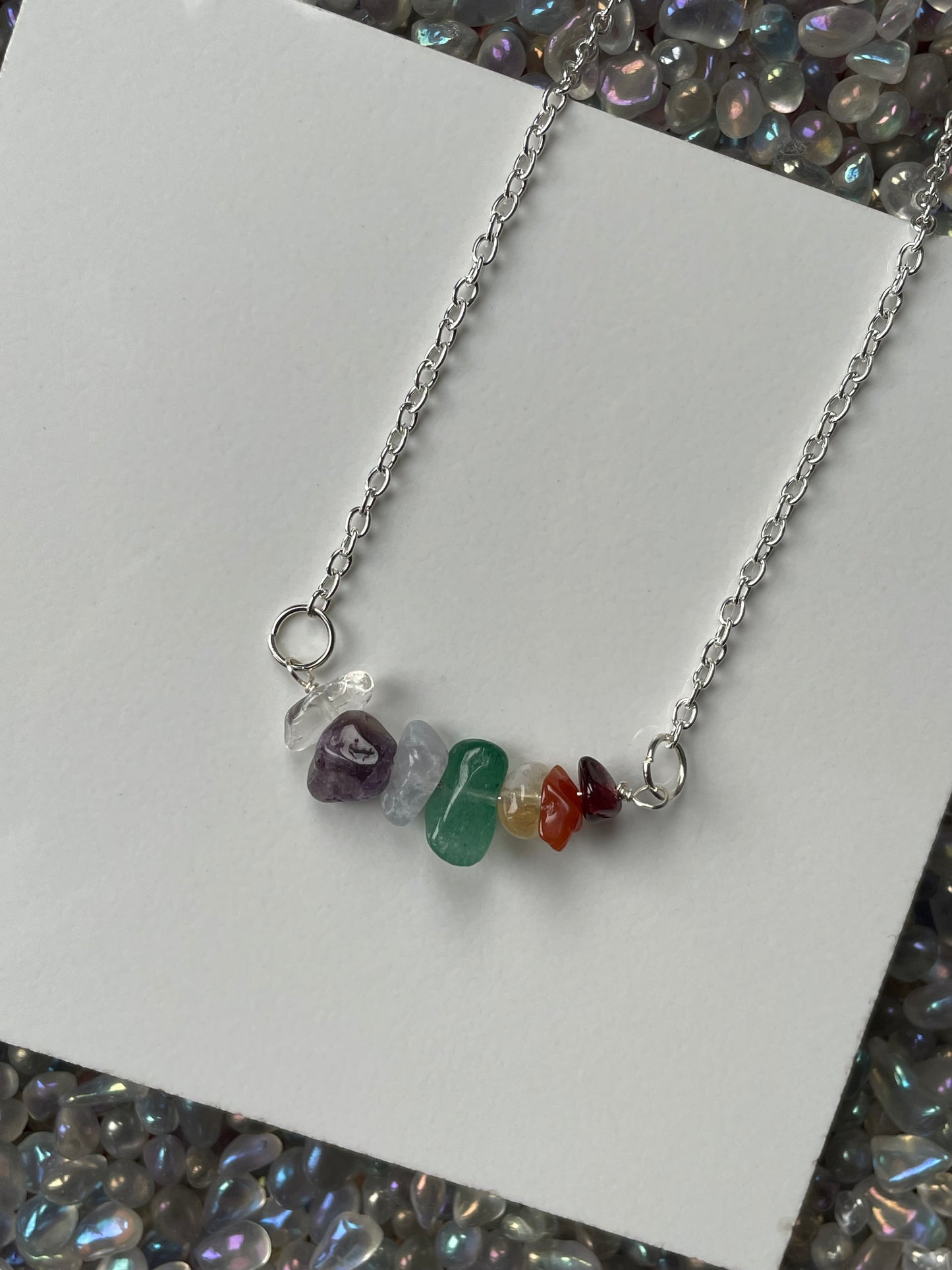 Chakra Bar Crystal Gemstone Chip Silver Necklace