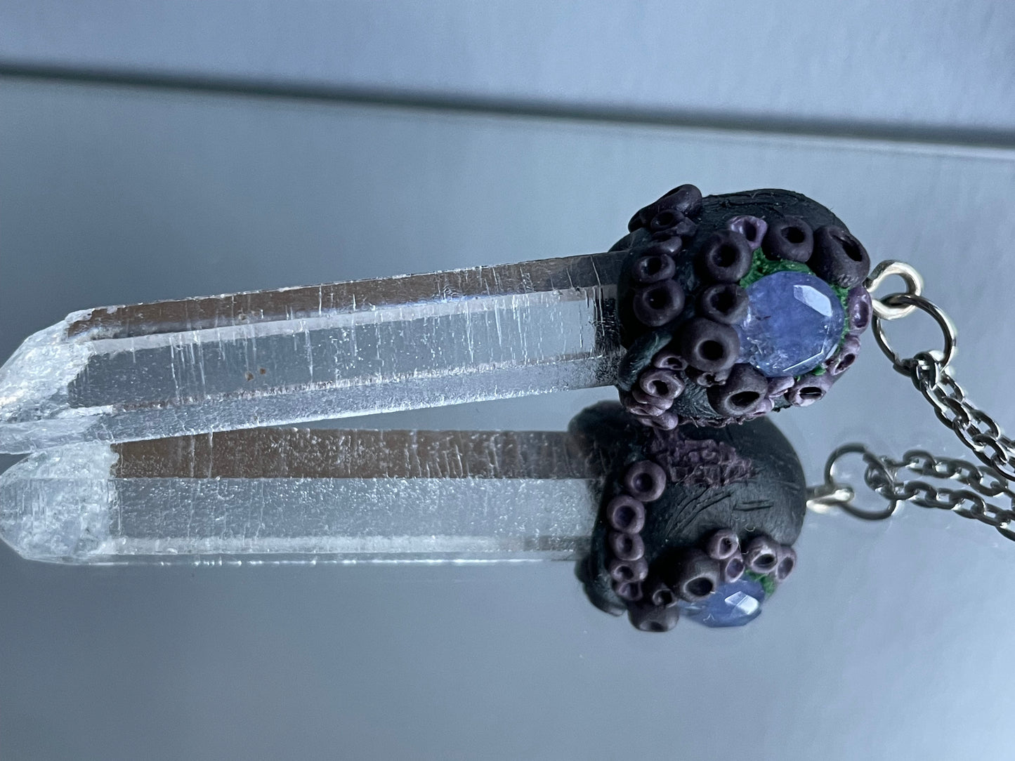 Tanzanite Lemurian Quartz Crystal Gemstone Dark Coral Necklace (Certified)