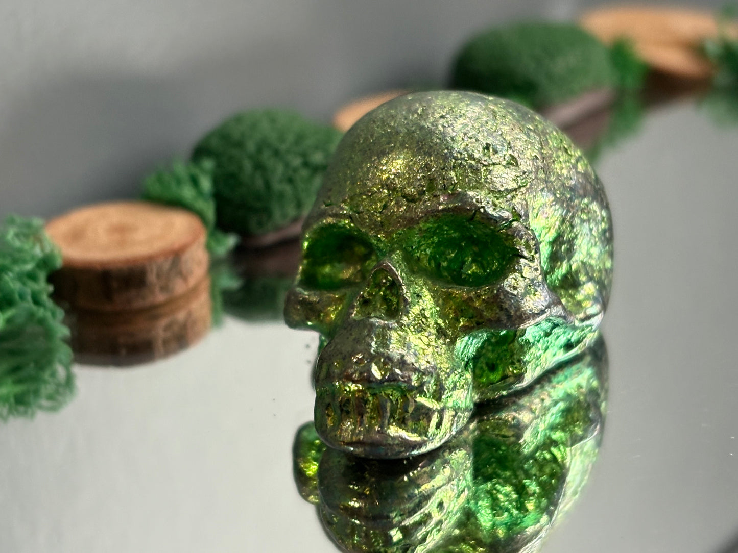 Green Bismuth Crystal Small Skull Metal Sculpture