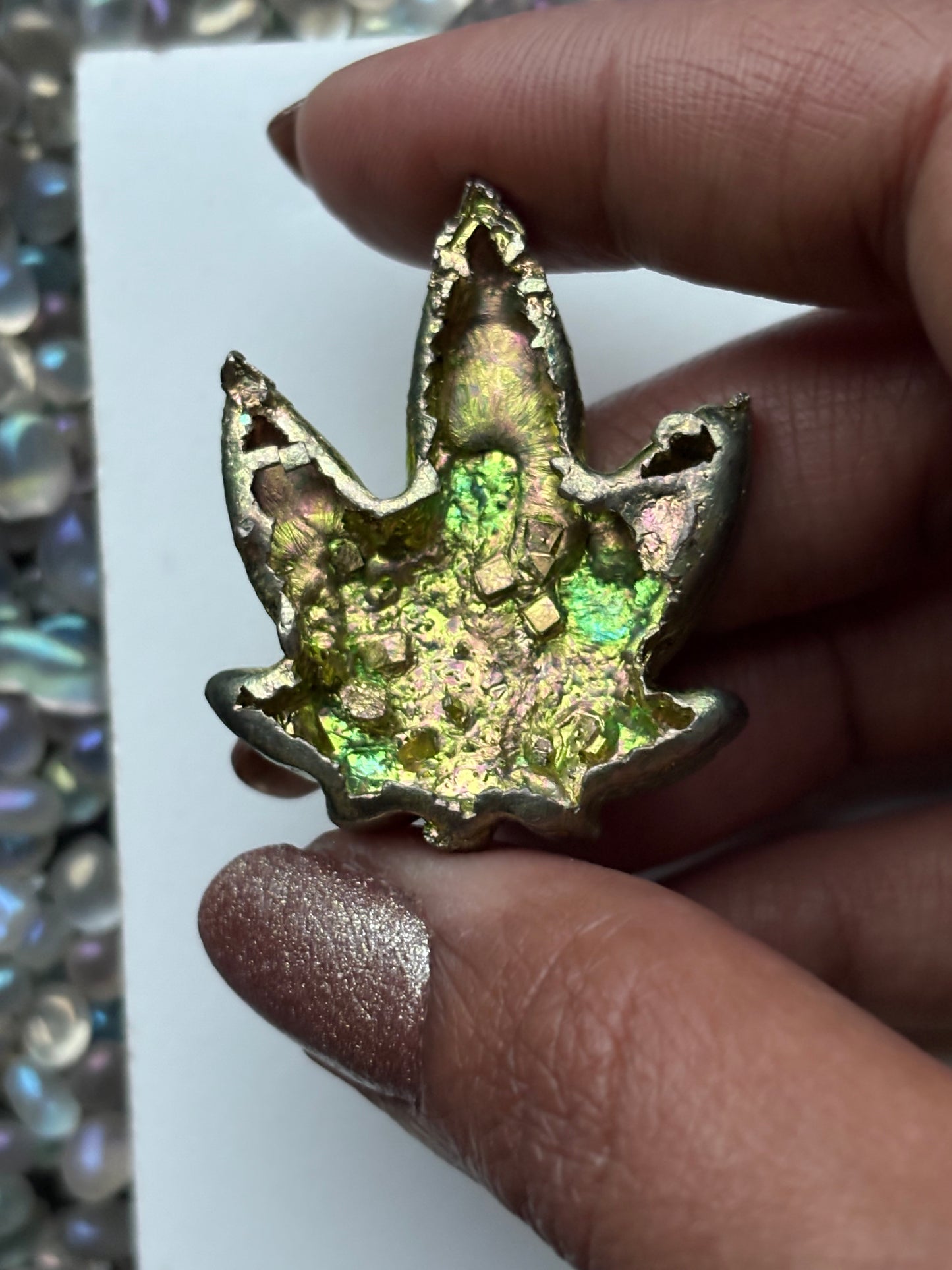 Lime Gold Colour Bismuth Crystal Pot Leaf Sculpture