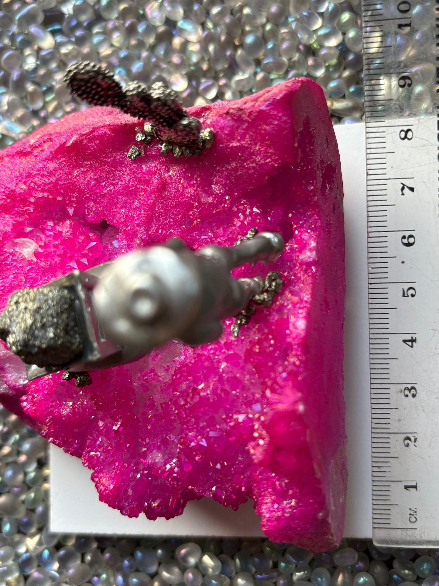 Hot Pink Aura Quartz & Pyrite Crystal Gemstone Miner Cluster - Large