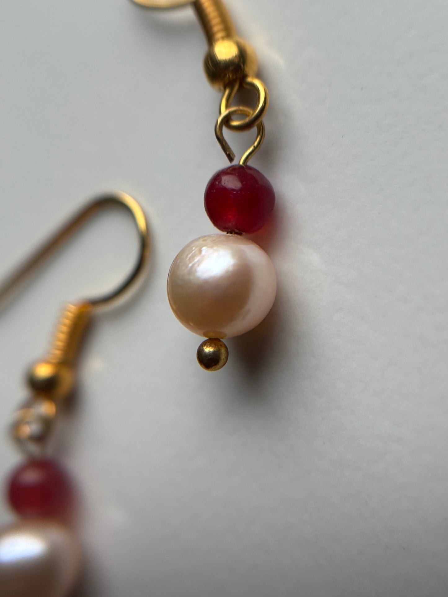 Peach Cultured Pearl & Red Jade Gemstone Crystal Drop Gold Earrings (Certified)