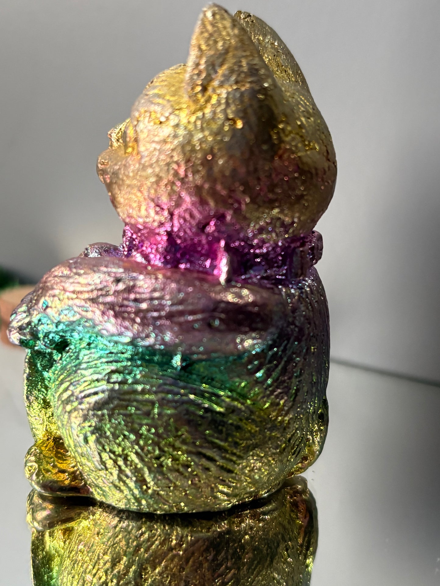 Rainbow Bismuth Crystal Lucky Cat Metal Art Sculpture