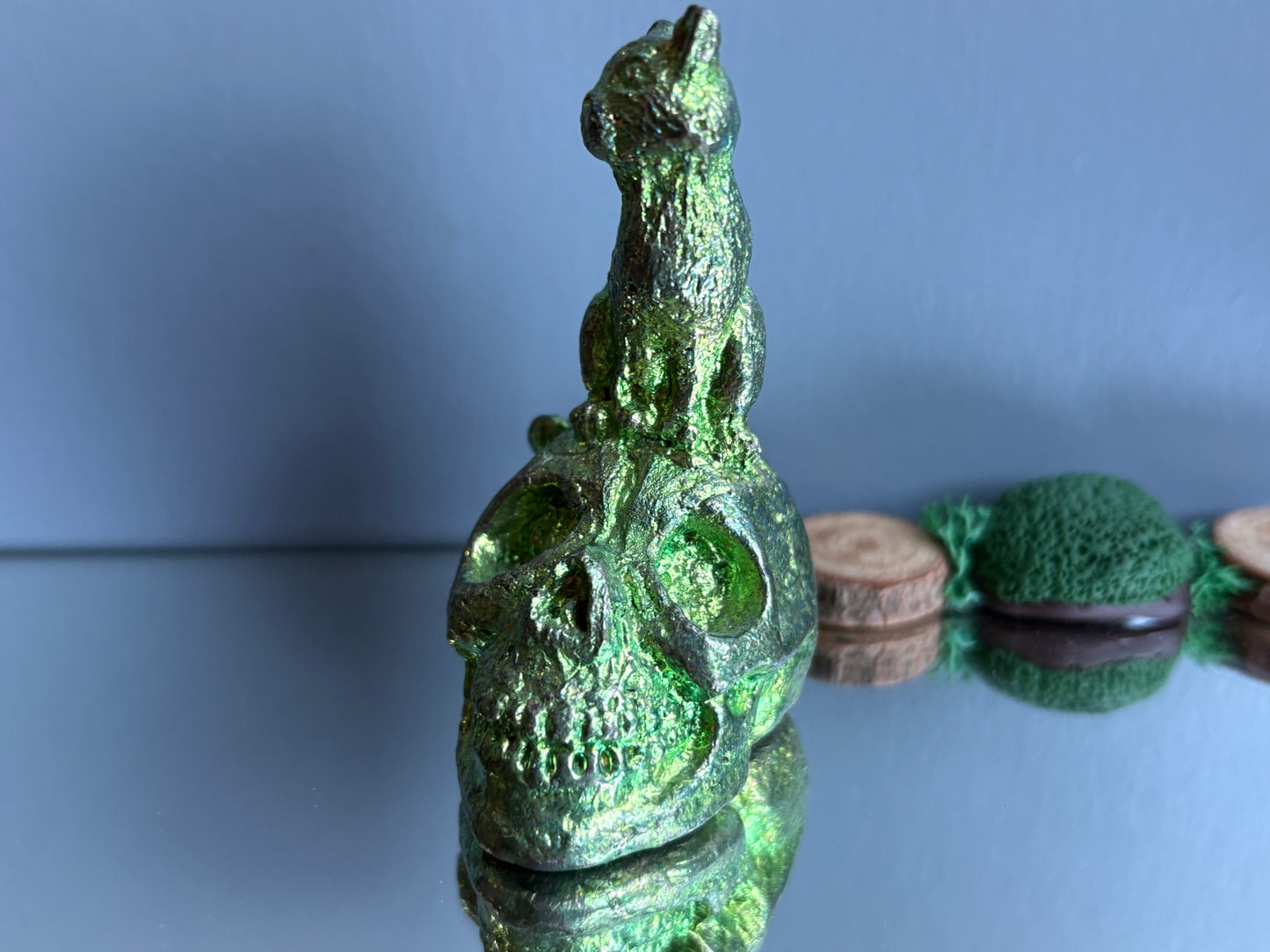 Green Bismuth Crystal Cat on Skull Metal Art Sculpture