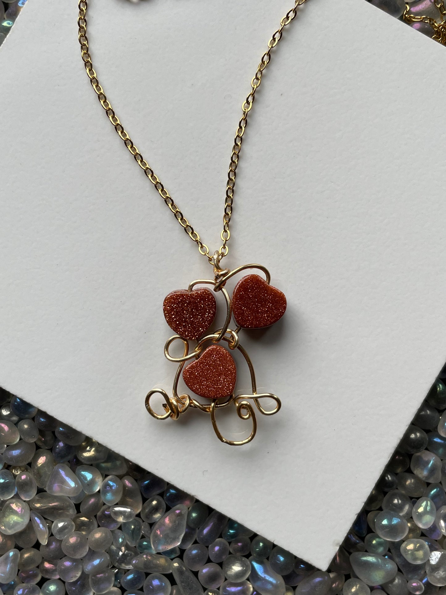 Goldstone Crystal Gemstone Heart Wire Gold Necklace