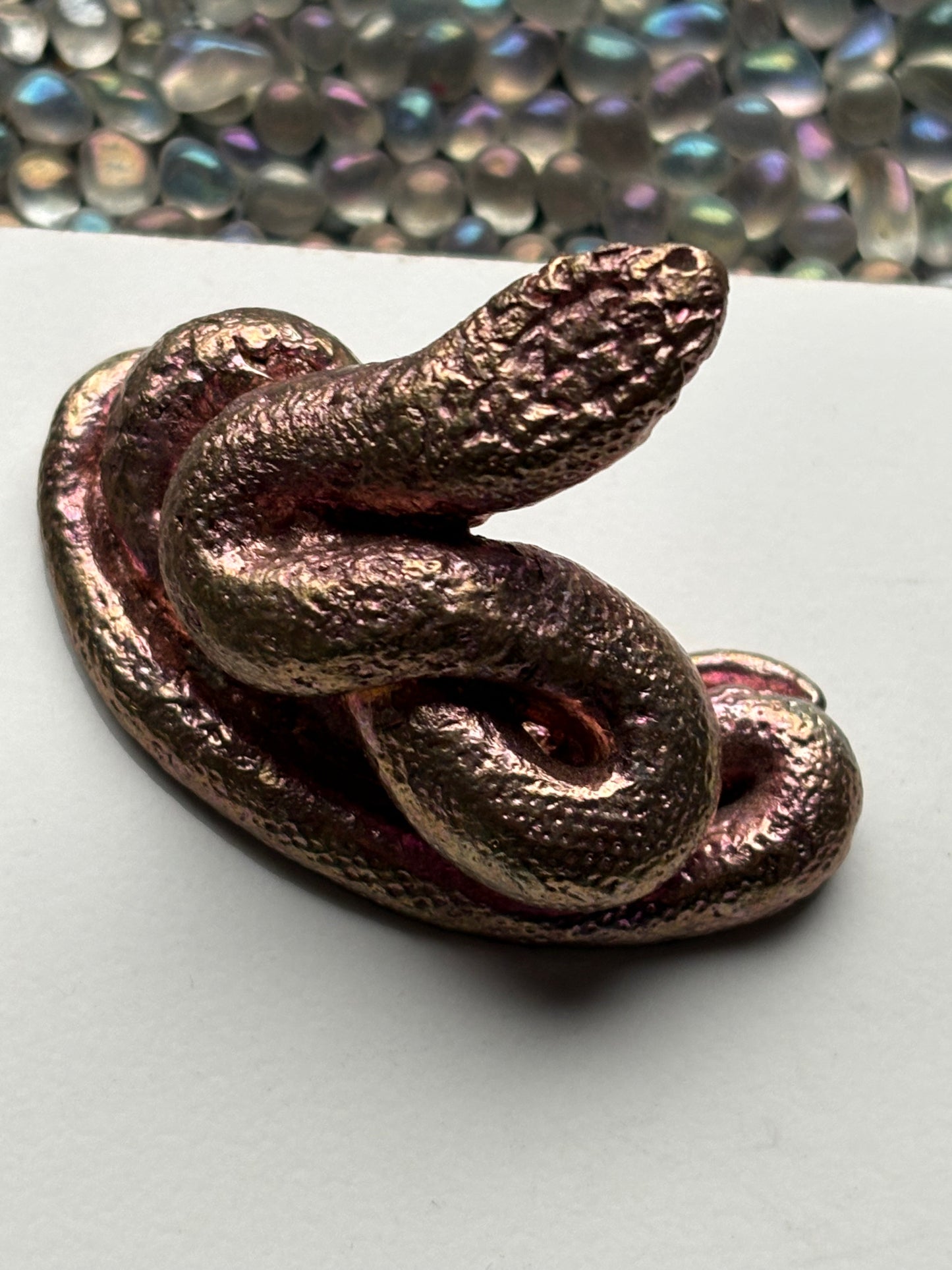 Pink Bismuth Crystal Coil Snake Metal Art Sculpture