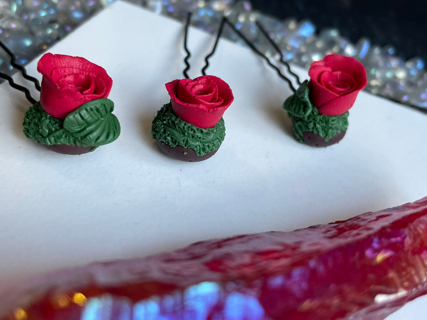 Enchanted Forest Rose Hair Pin Set - Red Glitter