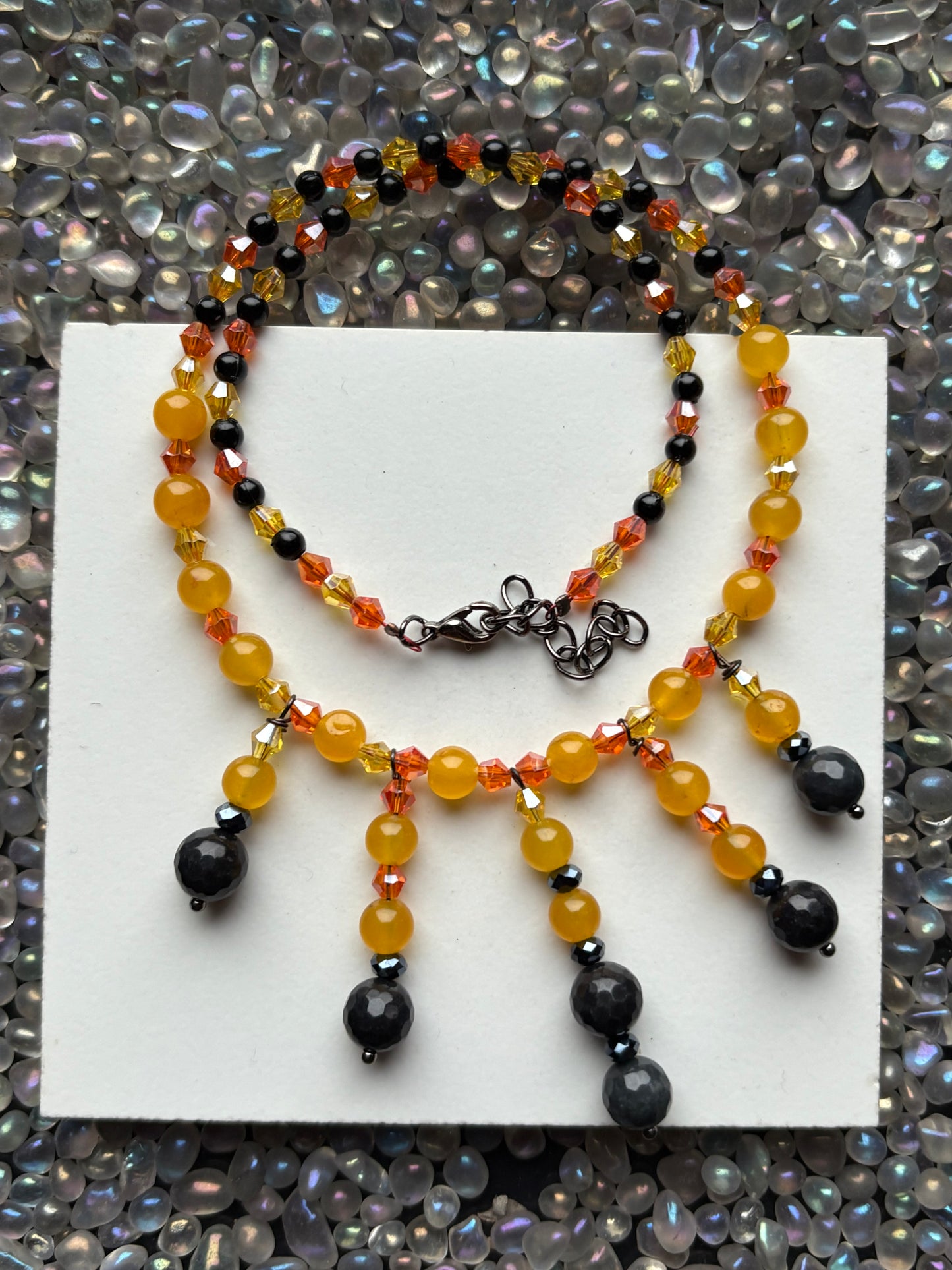 Sunflower - Mango & Black Quartz Crystal Beaded Gemstone Necklace