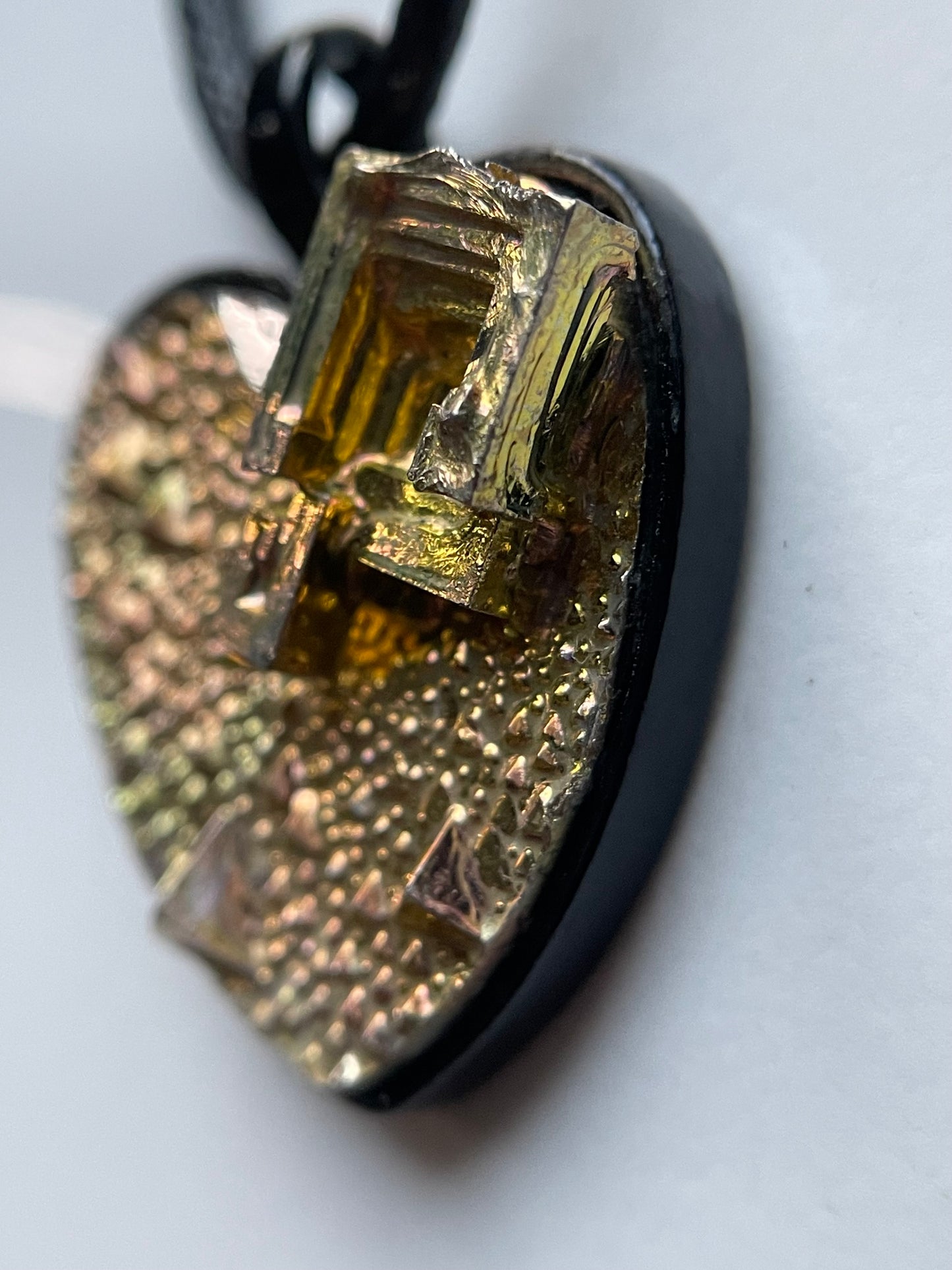 Gold Bismuth Heart Crystal Metal Art Cord Necklace