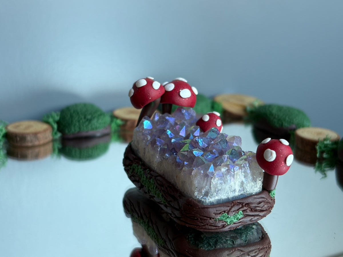 Aura Amethyst Crystal Gemstone Rectangular Cluster Mini Red Mushroom Garden (1)