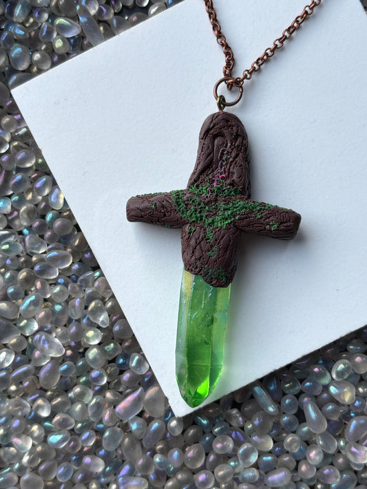 Green Aura Quartz Crystal Gemstone Enchanted Forest Sword Necklace