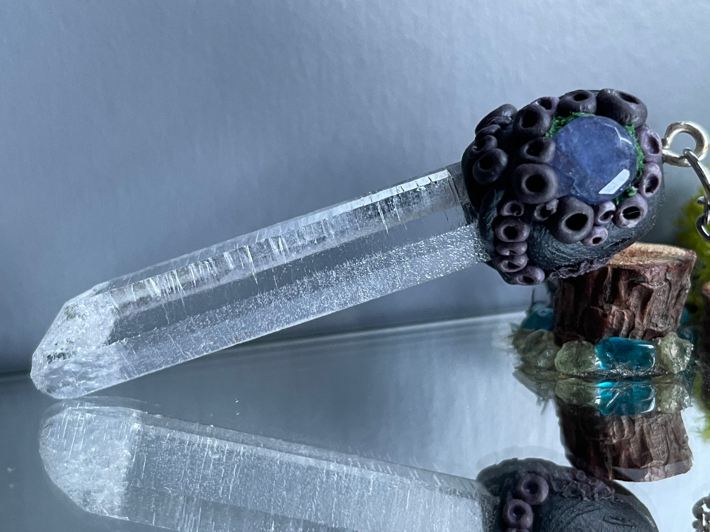 Tanzanite Lemurian Quartz Crystal Gemstone Dark Coral Necklace (Certified)