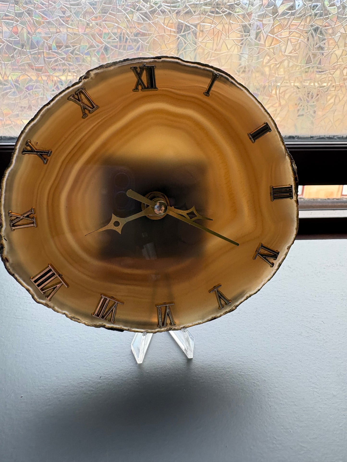 Blue Grey Agate Slice Crystal Gemstone Gold Clock