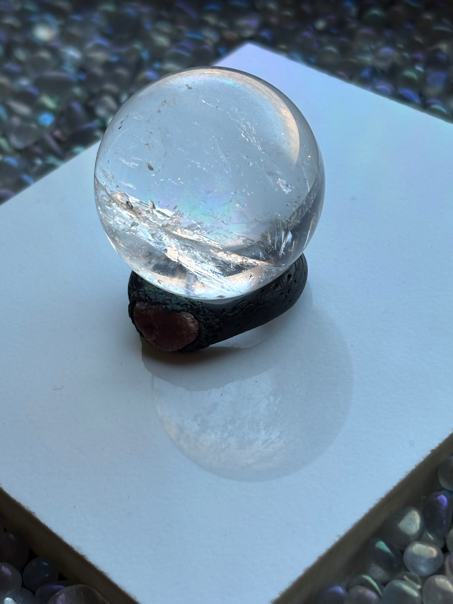 Rainbow Quartz Crystal Gemstone Sphere Clay Ruby Ring Holder Gift Set (2)