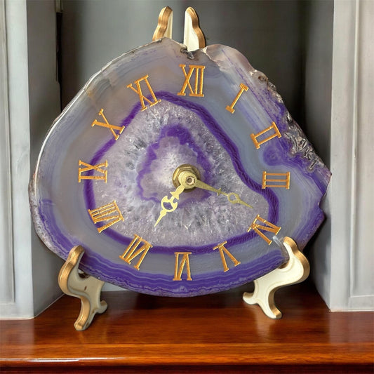 Purple Agate Slice Crystal Gemstone Gold Clock