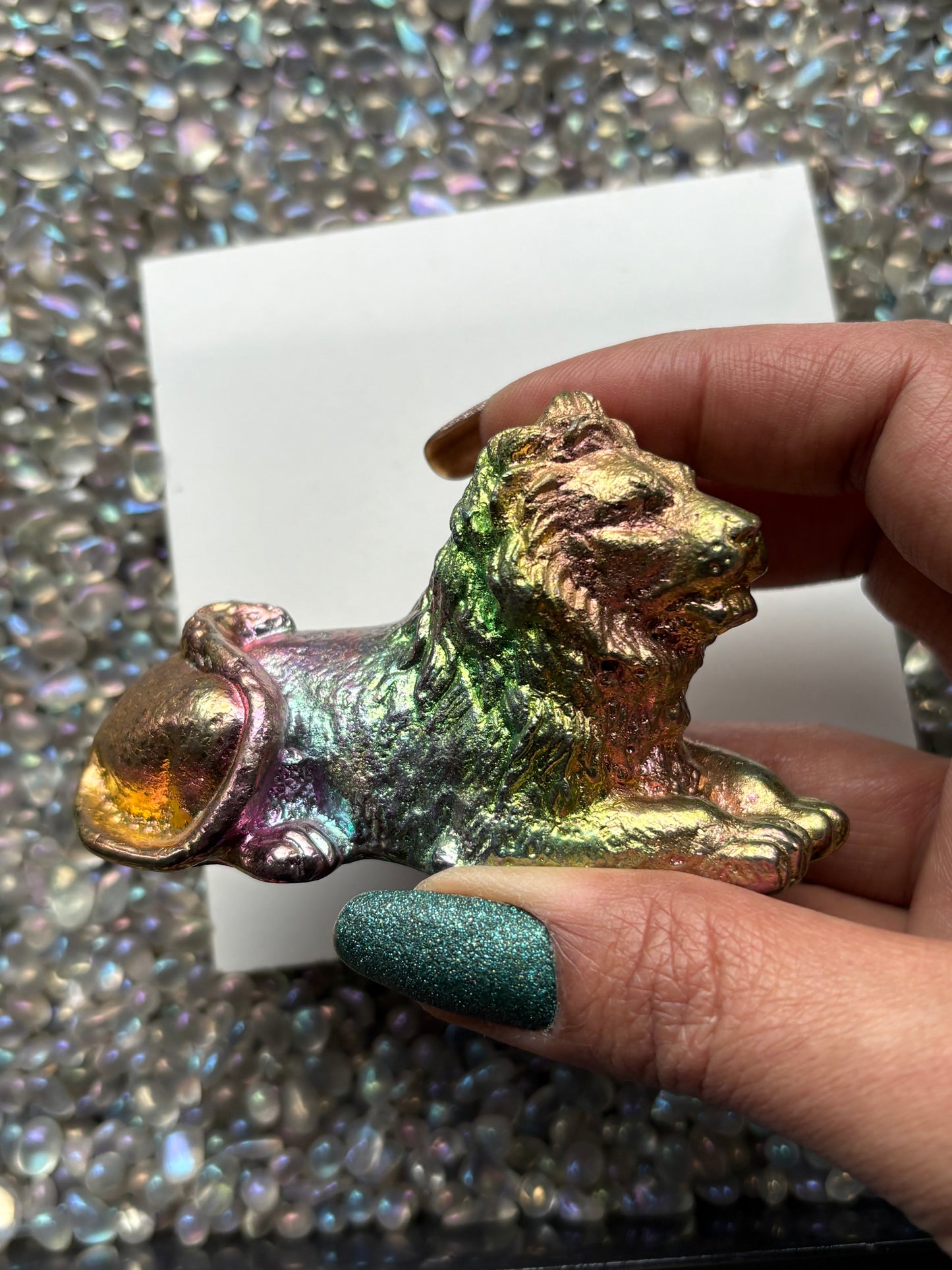 Rainbow Bismuth Crystal Lion Metal Art Sculpture