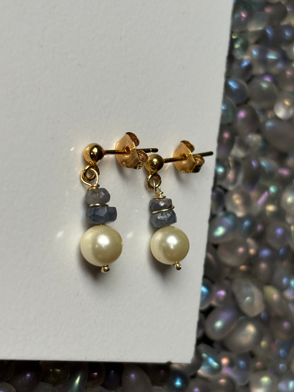 Sapphire & Cream Shell Pearl Crystal Gemstone 18k Gold Sterling Silver Earrings (Certified)