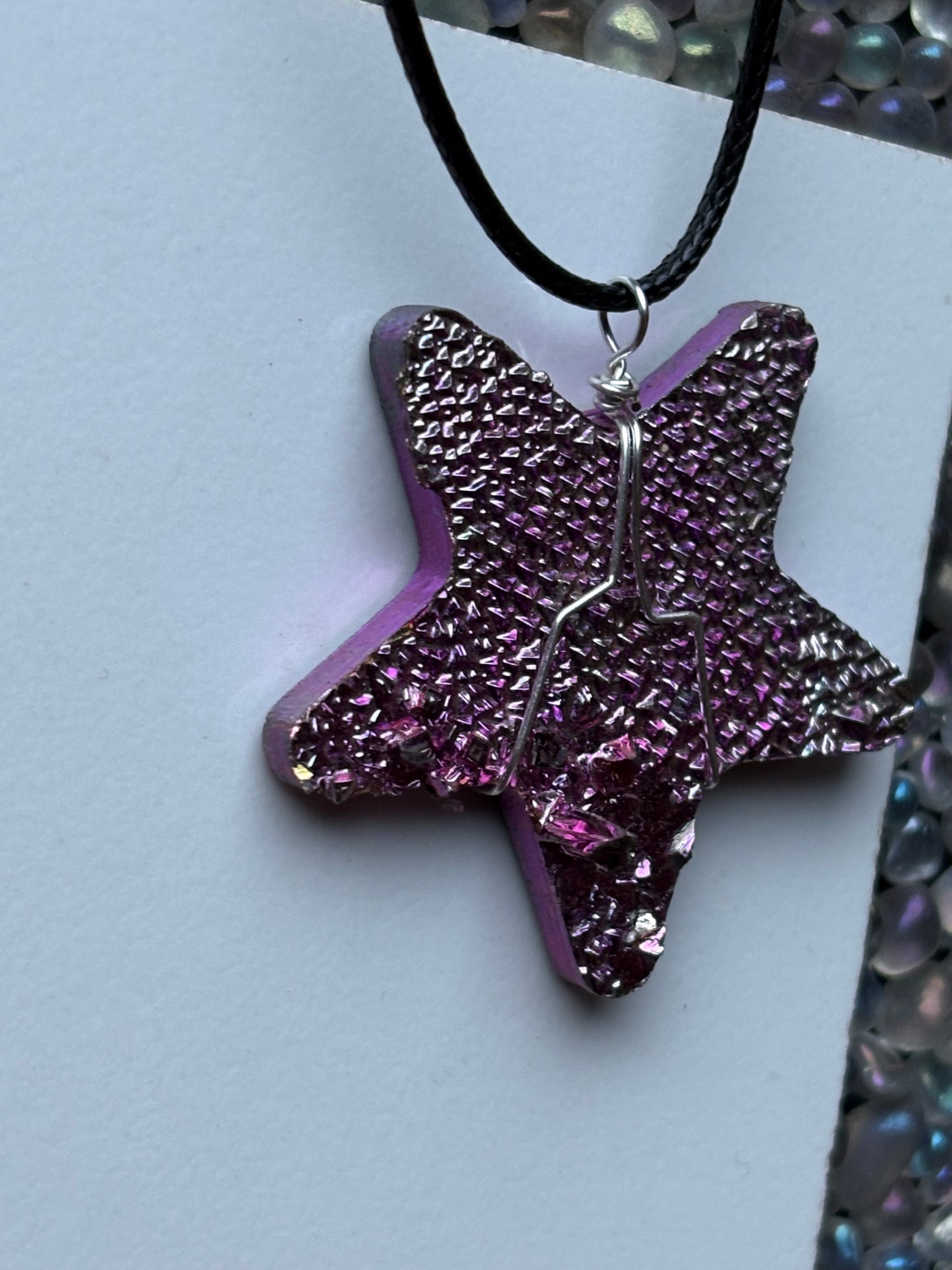 Pink Bismuth Star Crystal Cut Out Metal Art Cord Necklace