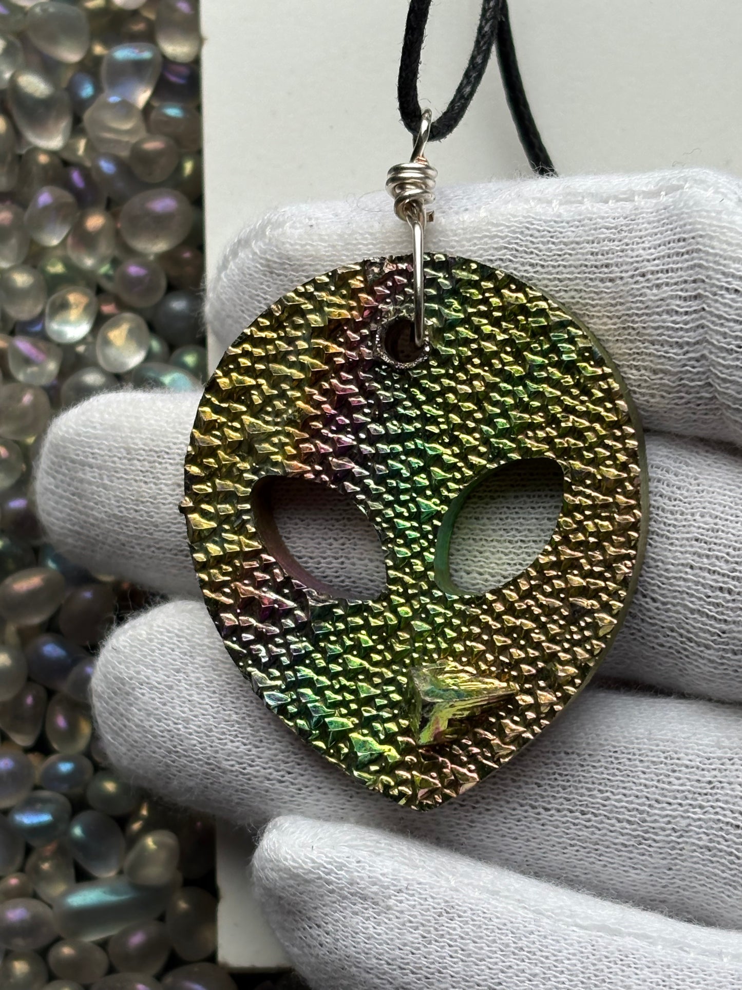 Alien Rainbow Bismuth Crystal Cut Out Metal Art Cord Necklace
