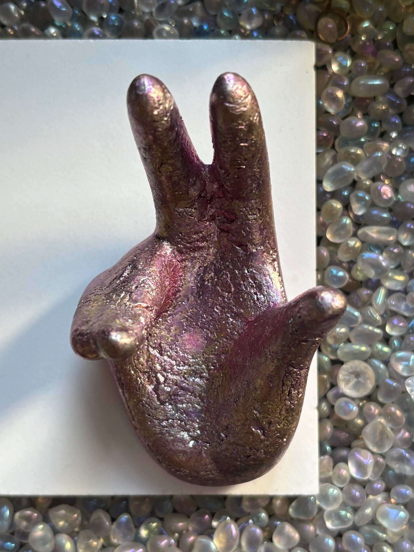 Pink Bismuth Crystal Hand Sphere Holder Metal Art Sculpture