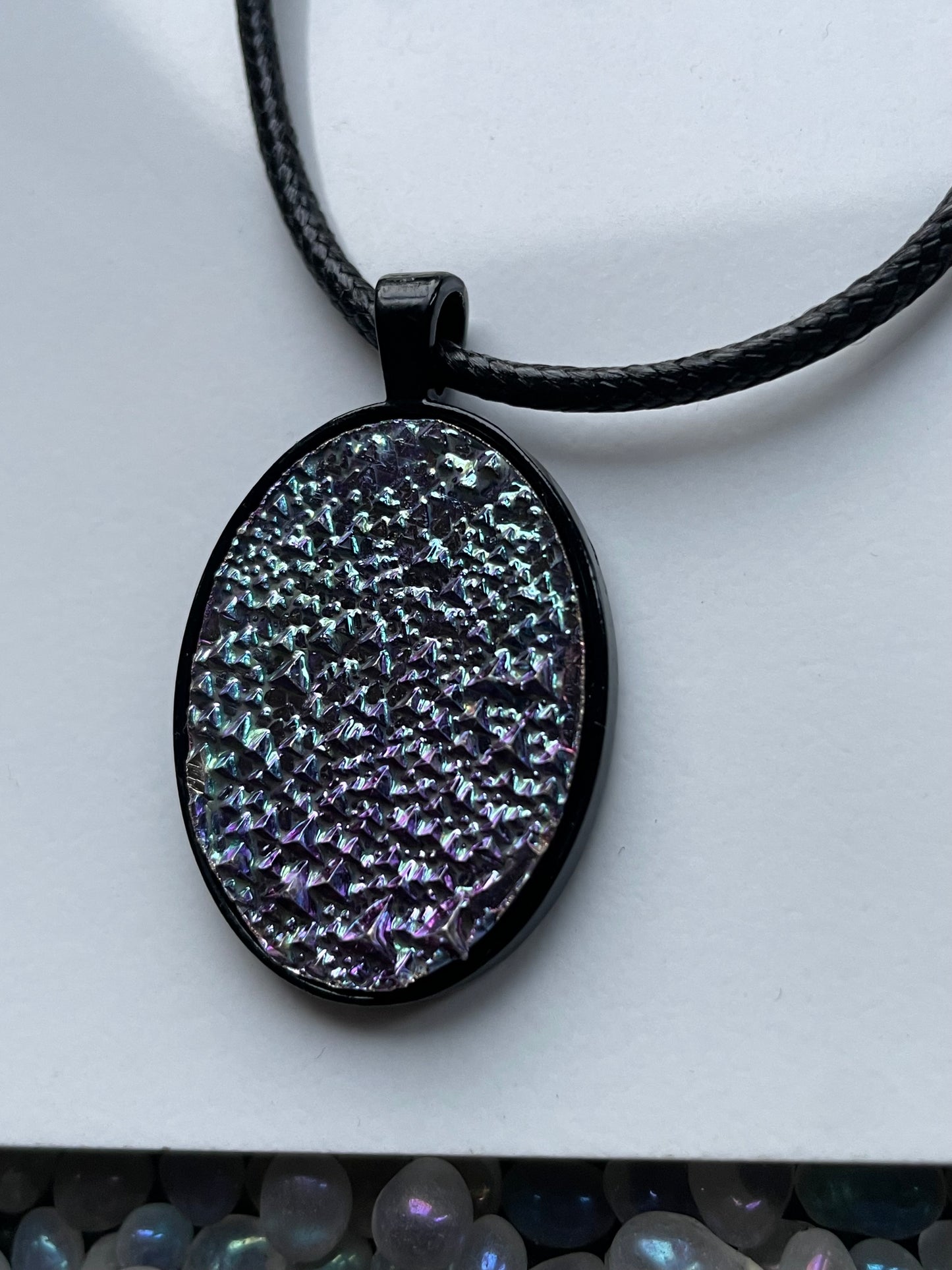 Purple Blue Bismuth Crystal Metal Art Cord Necklace OVAL