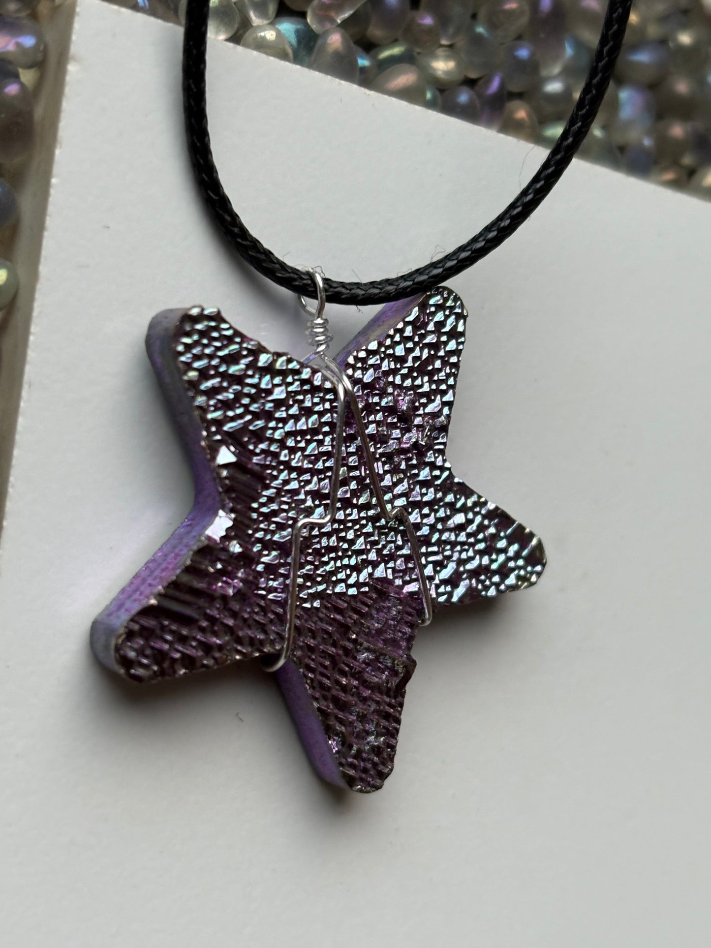 Purple Blue Bismuth Crystal Star Cut Out Metal Art Cord Necklace