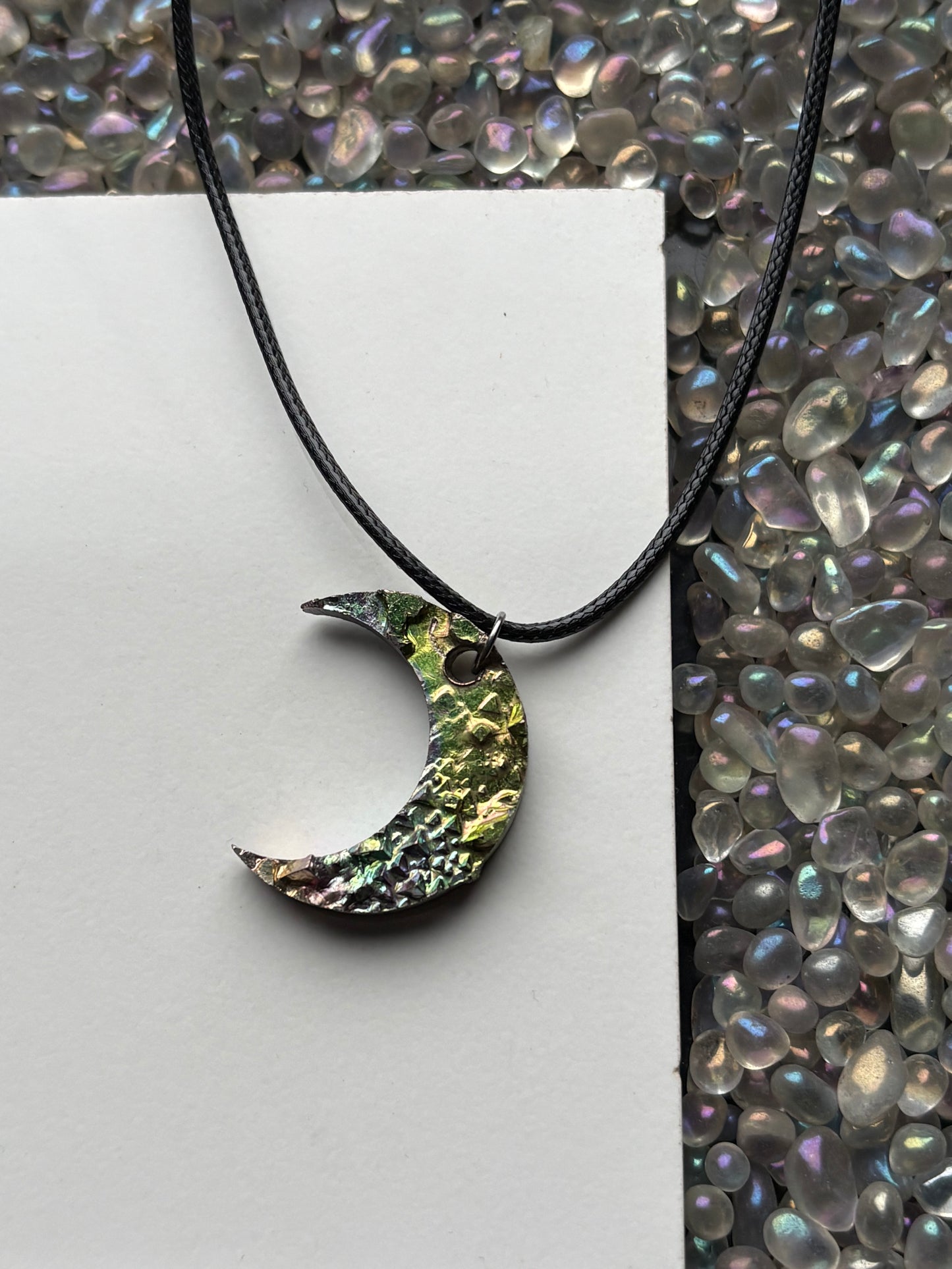 Rainbow Bismuth Crystal Moon Cut Out Metal Art Silver Drilled Necklace