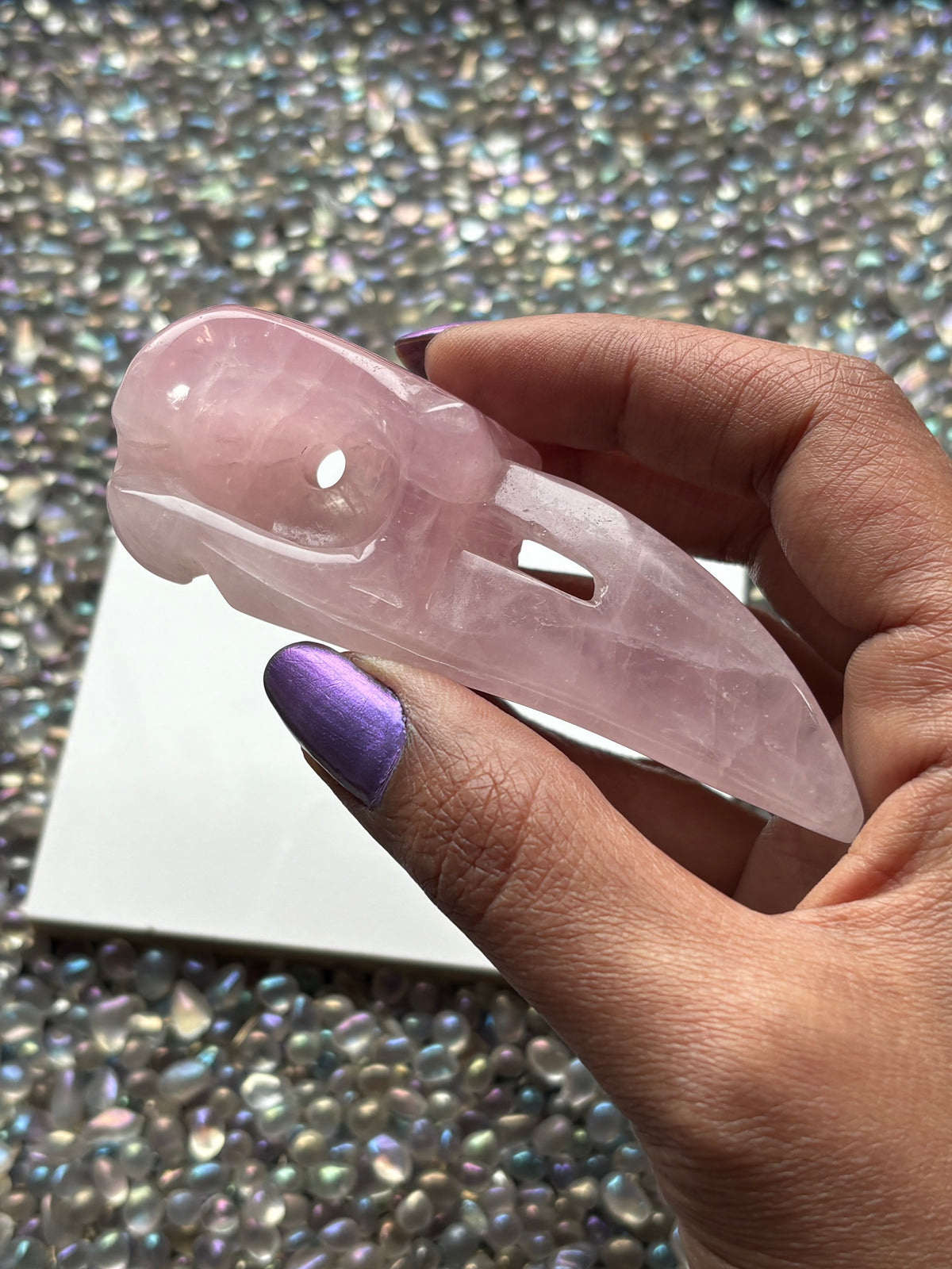 Rose Quartz Gemstone Crystal Raven Skull Carving - Large