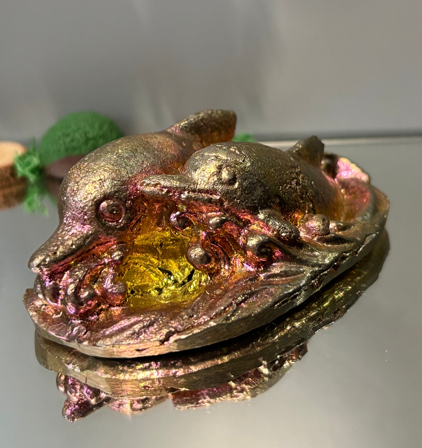 Gold Pink Bismuth Crystal Dolphin Pair Metal Art Sculpture