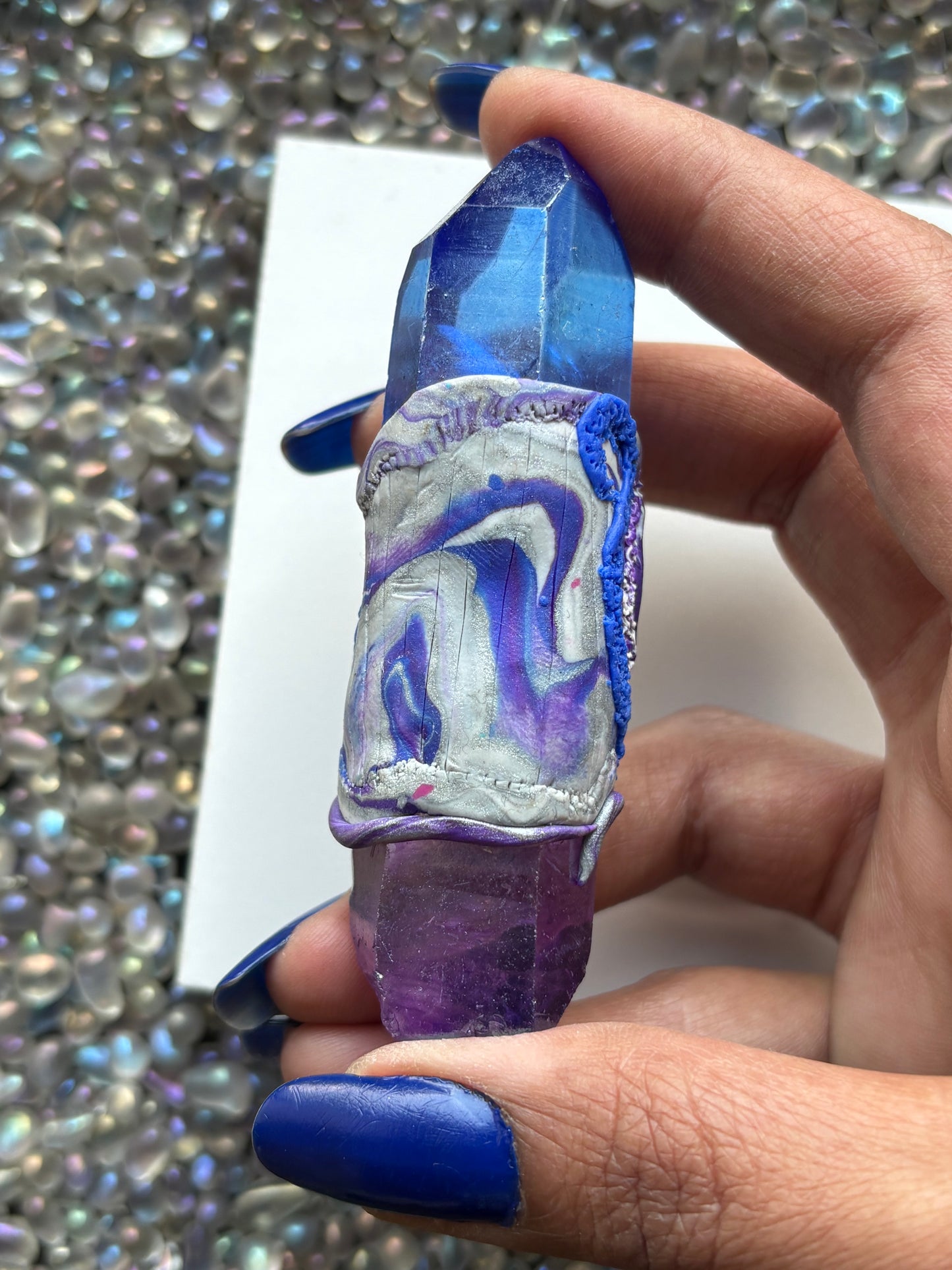 Purple & Blue Aura Quartz Crystal Gemstone Heart Swirl Clay Wand