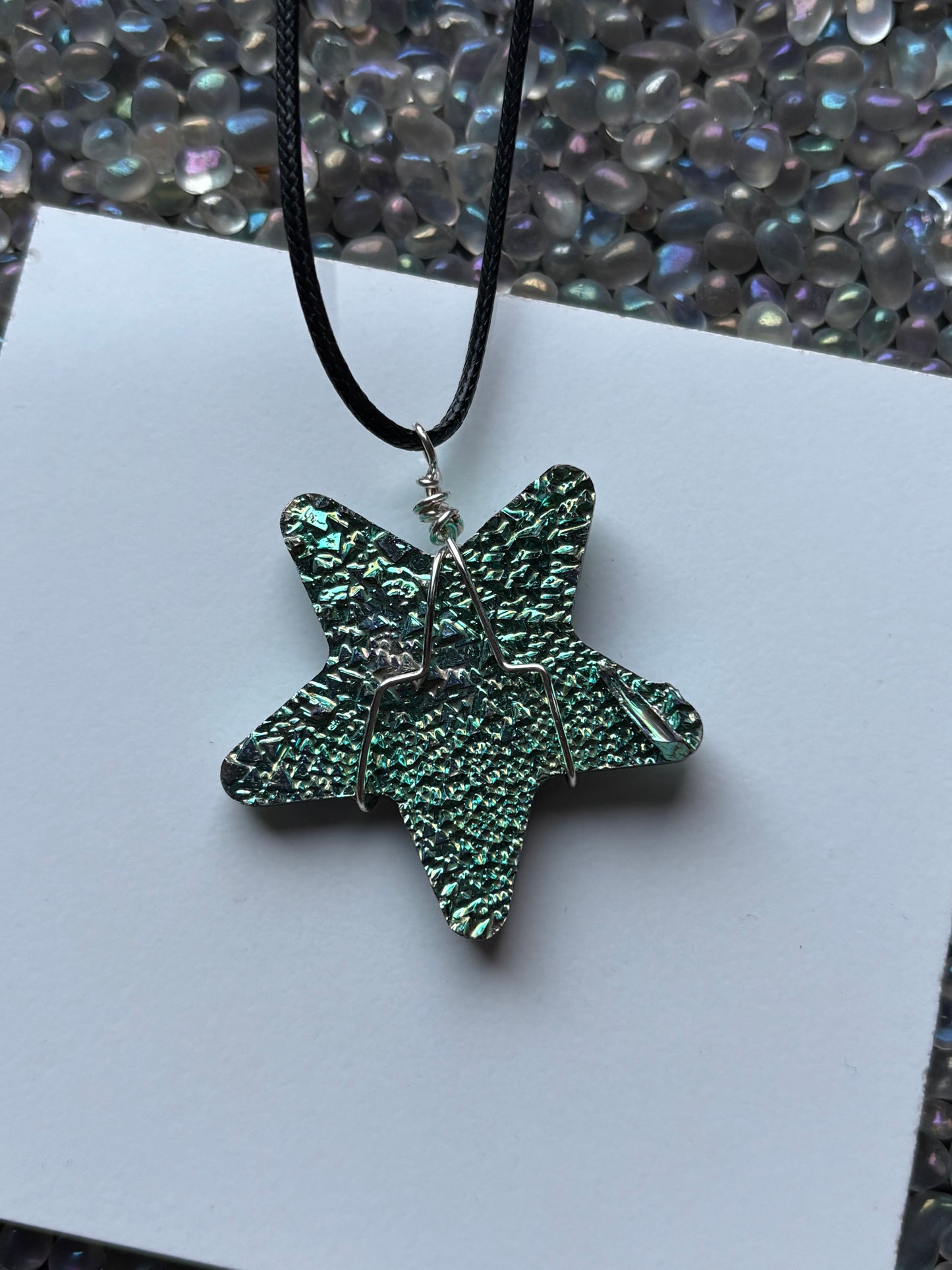 Teal Bismuth Crystal Star Cut Out Metal Art Cord Necklace
