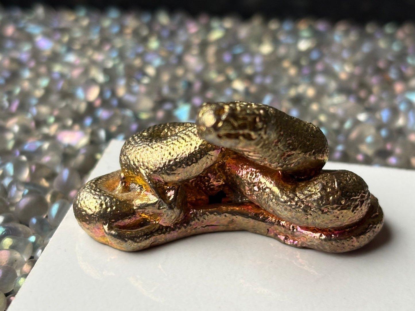 Gold Peach Bismuth Crystal Coil Snake Metal Art Sculpture