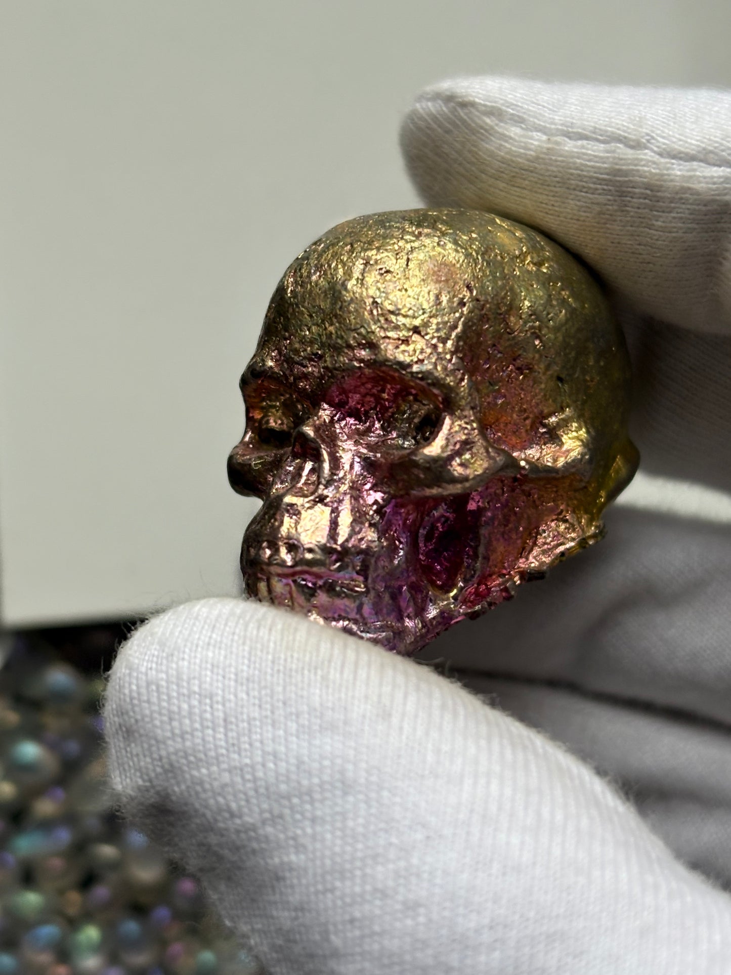Gold Pink Bismuth Crystal Small Skull Metal Sculpture
