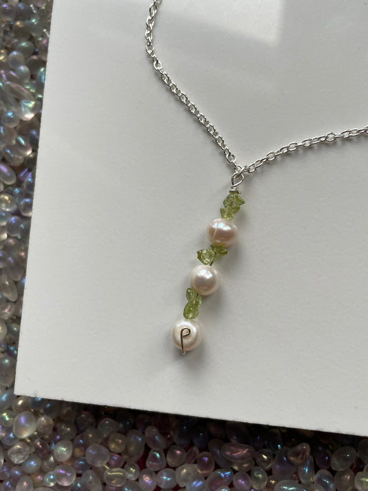 White Pearl & Peridot Rough Crystal Gemstone Silver Necklace