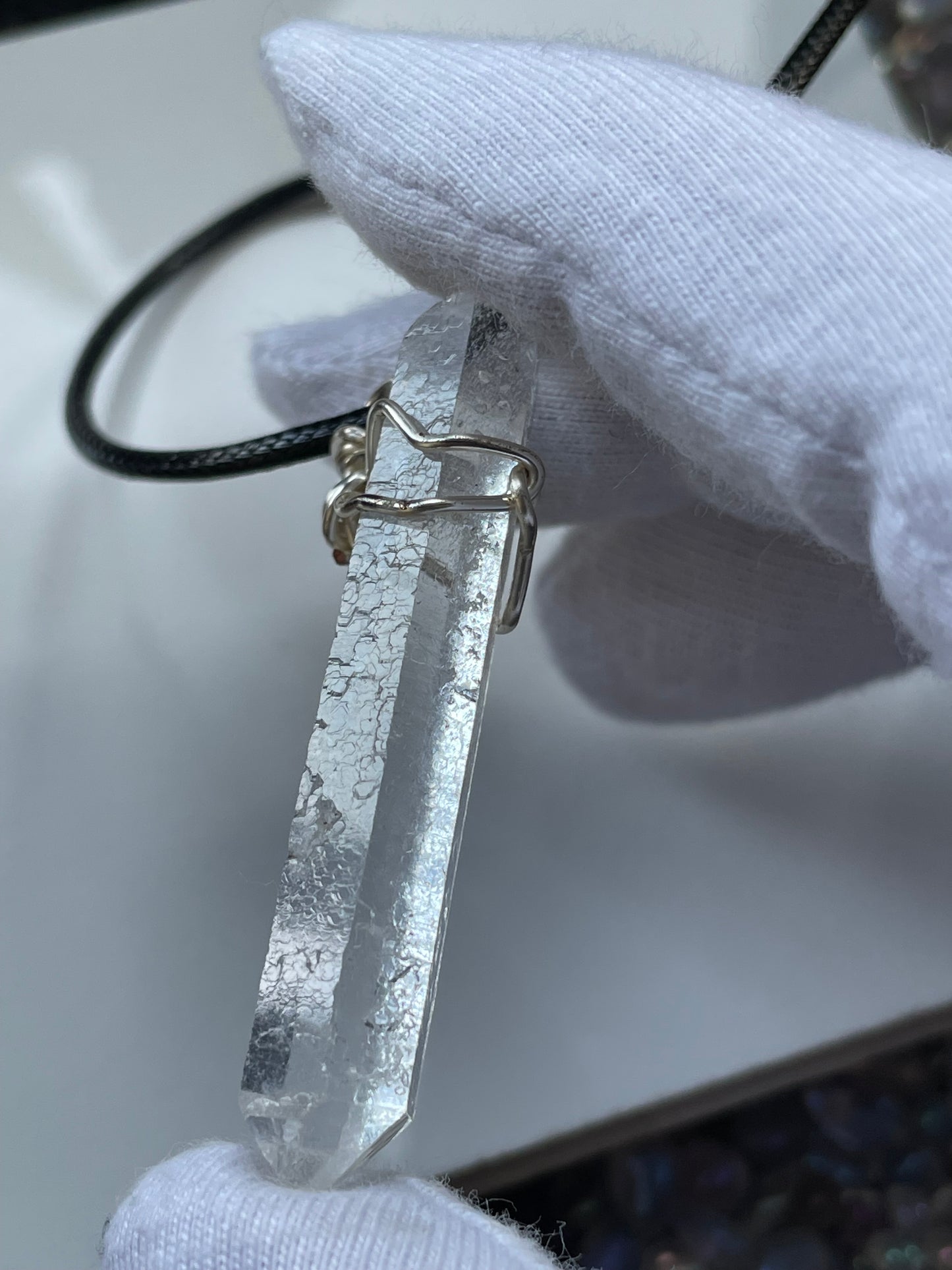 Lemurian Quartz Crystal Gemstone Wire Wrap Necklace - Silver