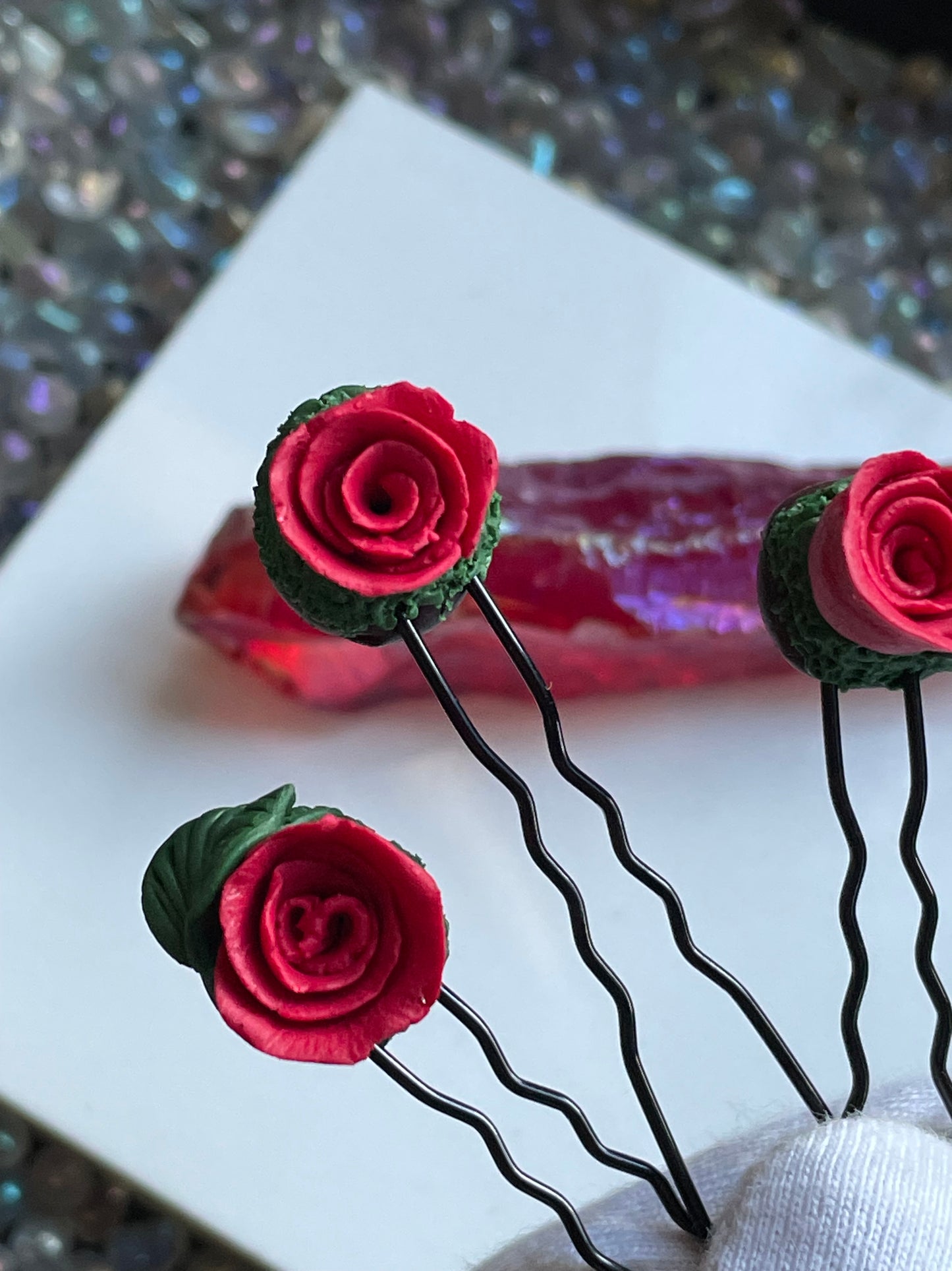 Enchanted Forest Rose Hair Pin Set - Red Glitter