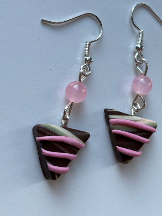 Chocolate Candy Triangle Clay & Pink Quartz Crystal Gemstone Silver Earrings