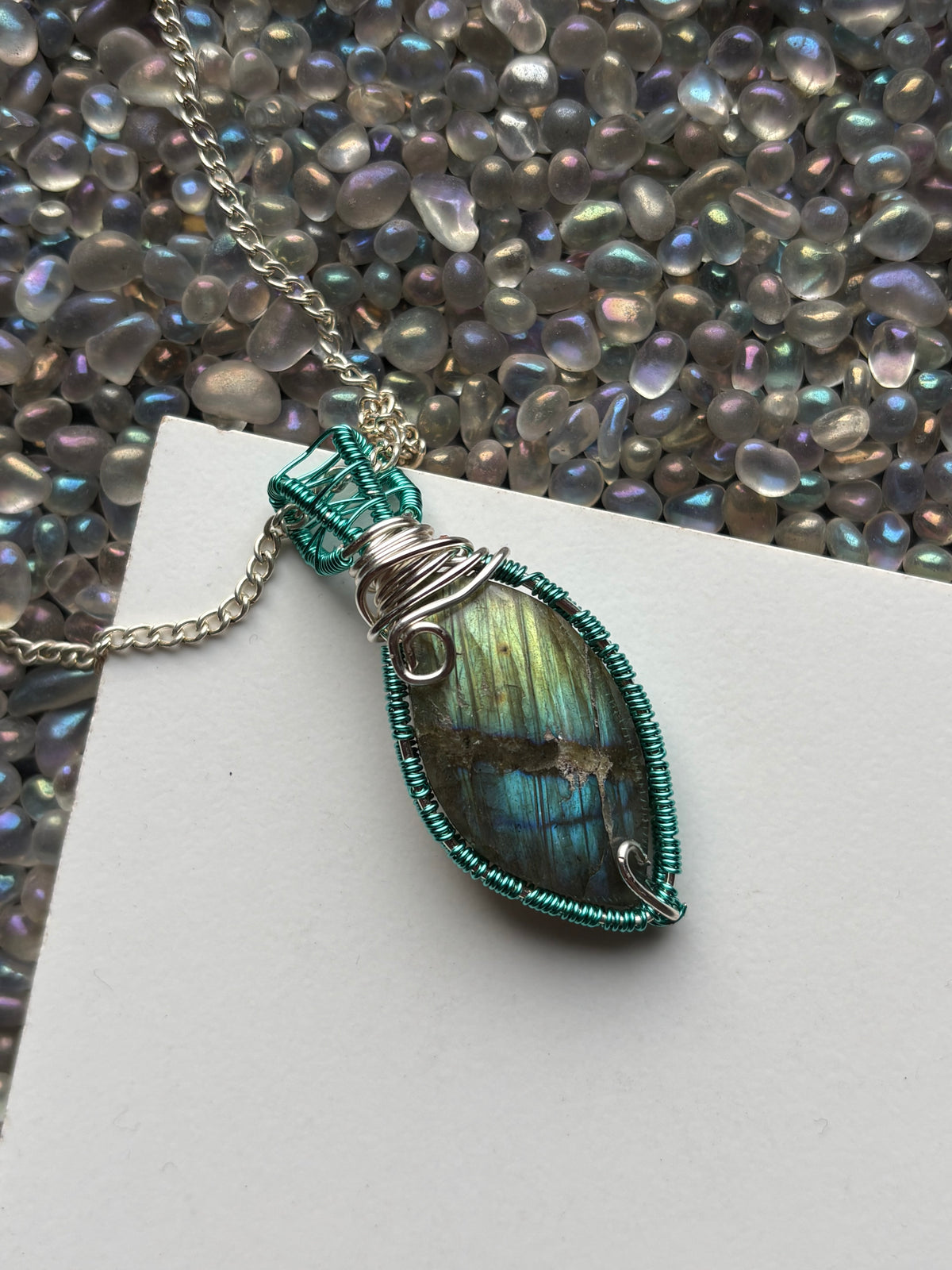 Blue Gold Labradorite Crystal Gemstone Turquoise Wire Necklace
