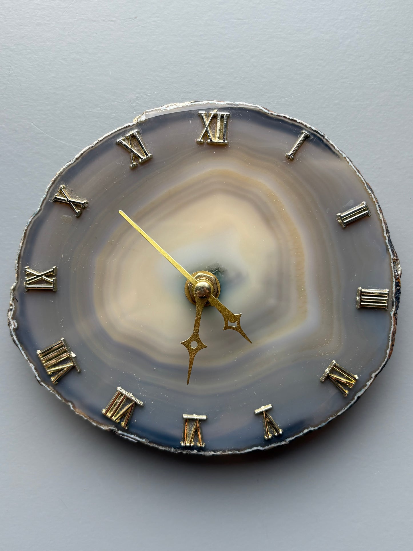 Blue Grey Agate Slice Crystal Gemstone Gold Clock