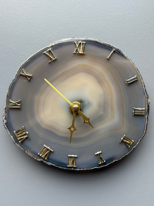 Blue Grey Agate Slice Crystal Gemstone Gold Clock