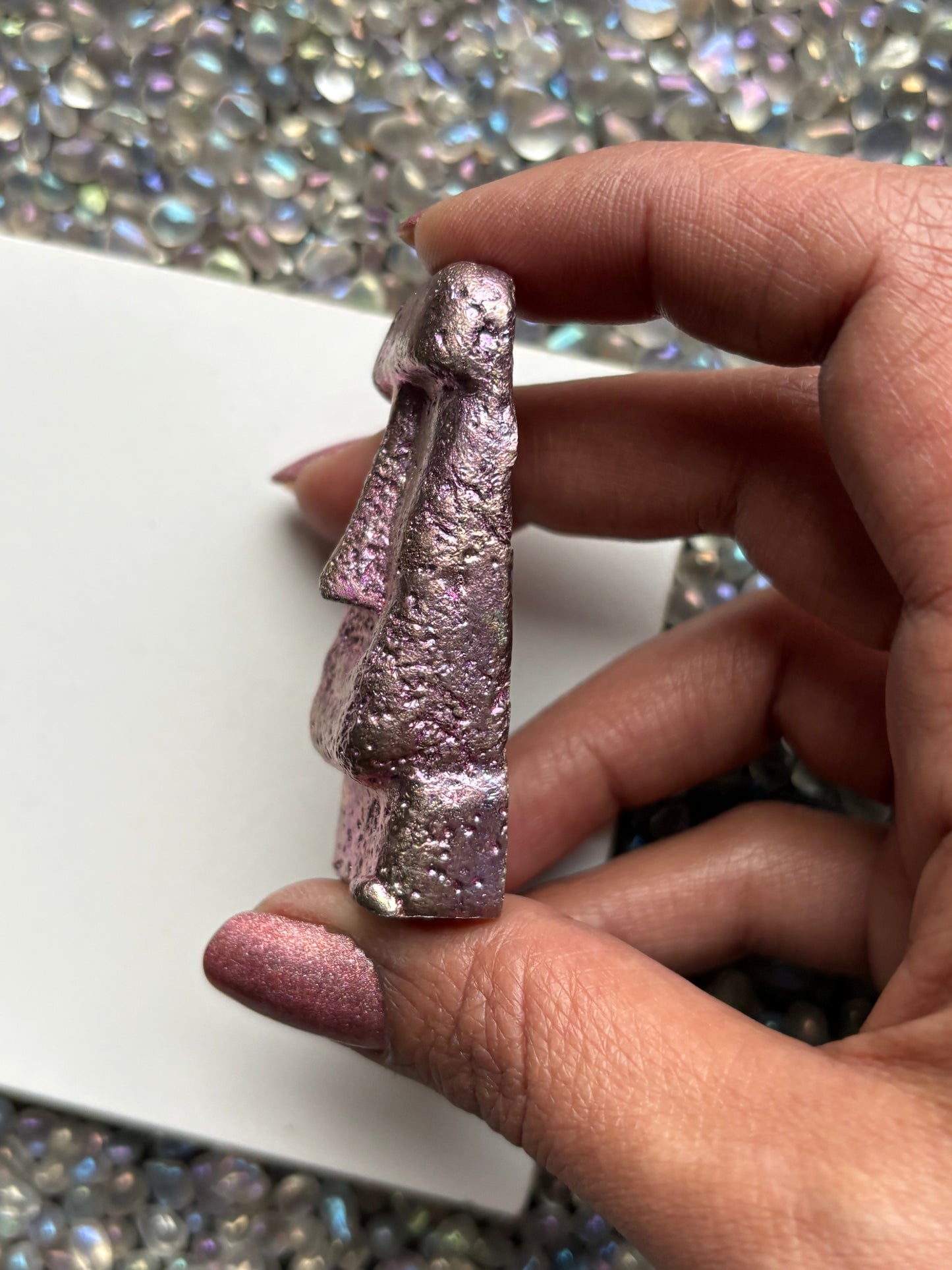 Pink Bismuth Crystal Moai Head Easter Island Metal Art Sculpture