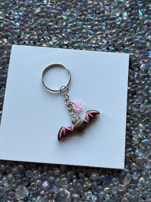 Chocolate Candy Bat Clay & Pink Quartz Crystal Gemstone Keychain