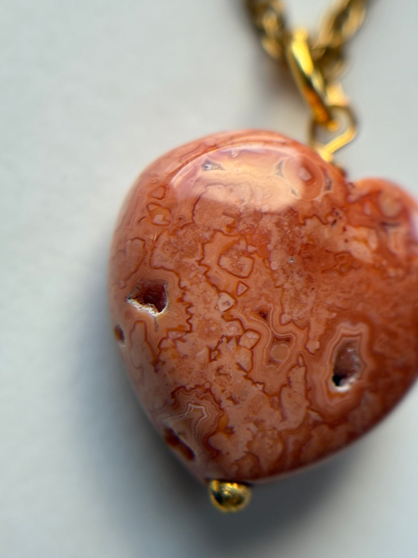 Orange Agate Druzy Coral Fossil Crystal Gemstone Heart Carving Necklace