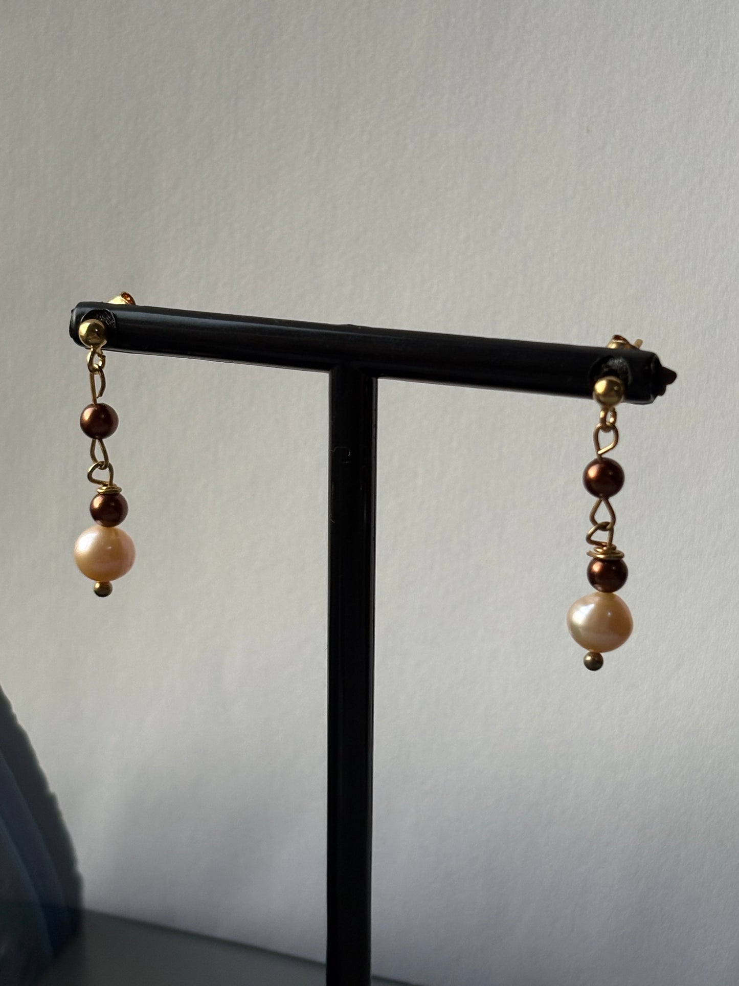 Chocolate & Peach Pearl Crystal Gemstone 18k Gold Sterling Silver Earrings (Certified)