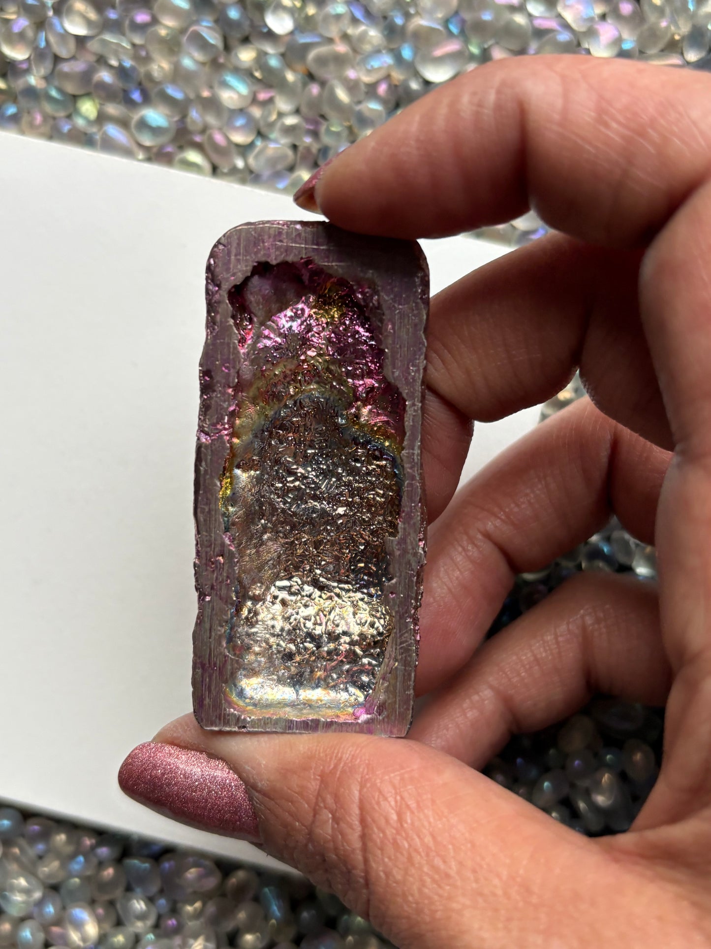 Pink Bismuth Crystal Moai Head Easter Island Metal Art Sculpture