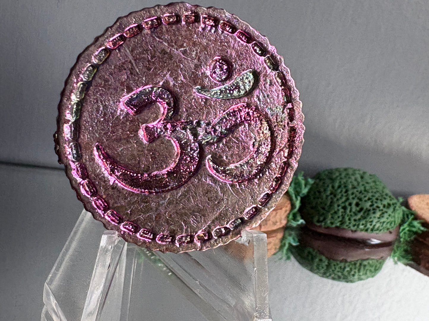 Pink Bismuth Crystal Om Coin Metal Art Sculpture